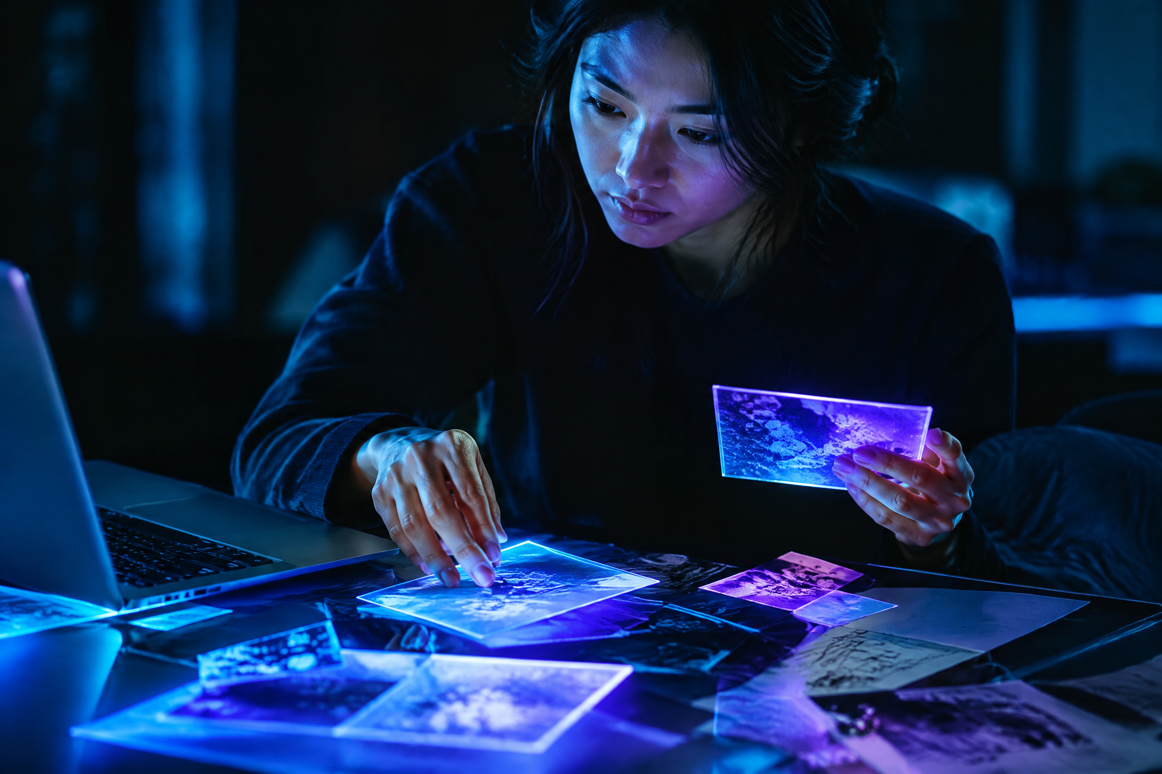 Researcher arranging glowing evidence cards beside a laptop