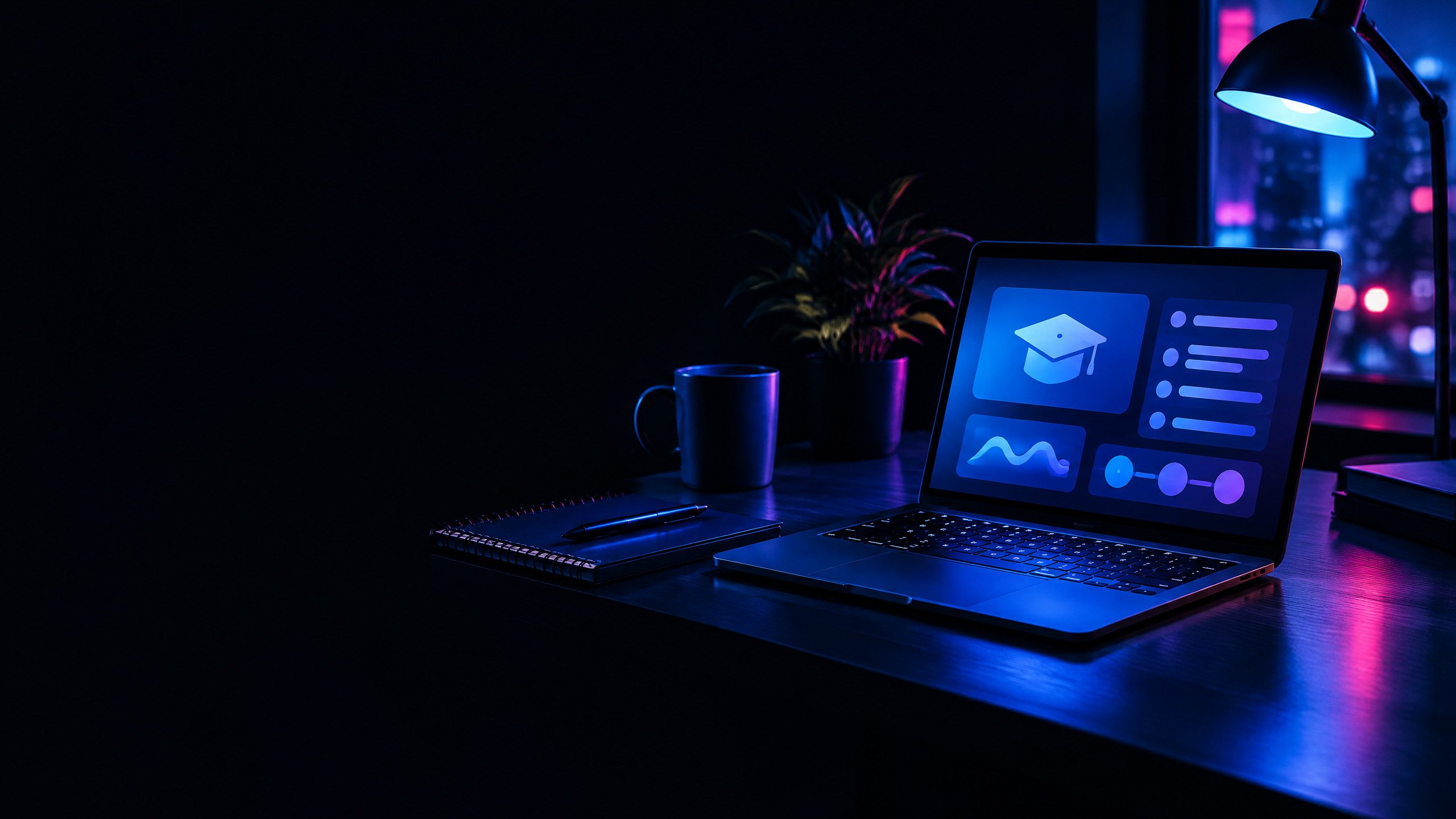 Laptop and notebook lit by blue light on a study desk